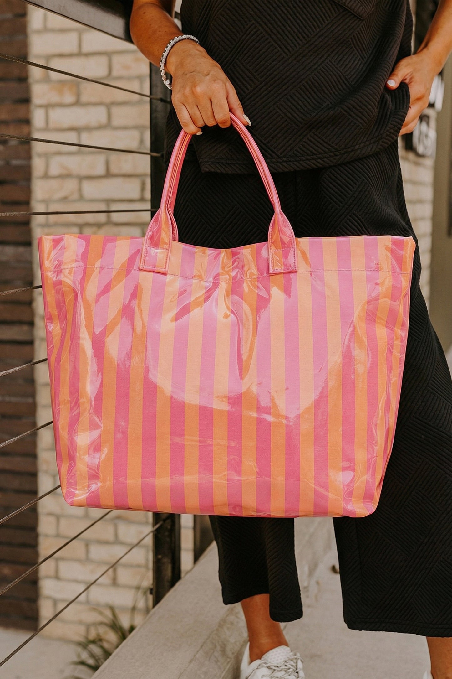 Red Glossy Striped Vinyl Large Tote Bag (Color Varied)