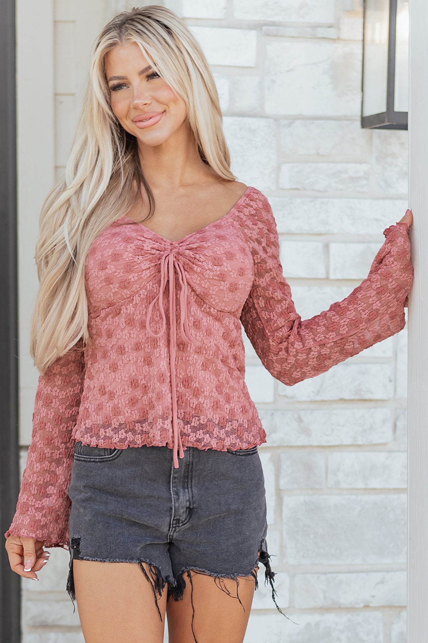 Peach Floral Lace Drawstring Blouse