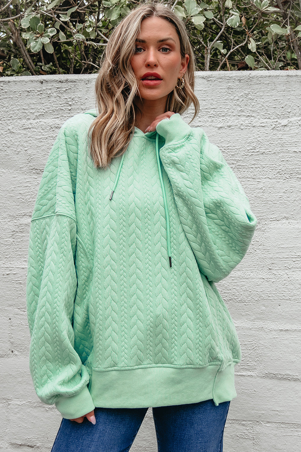 Moonlight Jade Cable-Texture Oversized Hoodie