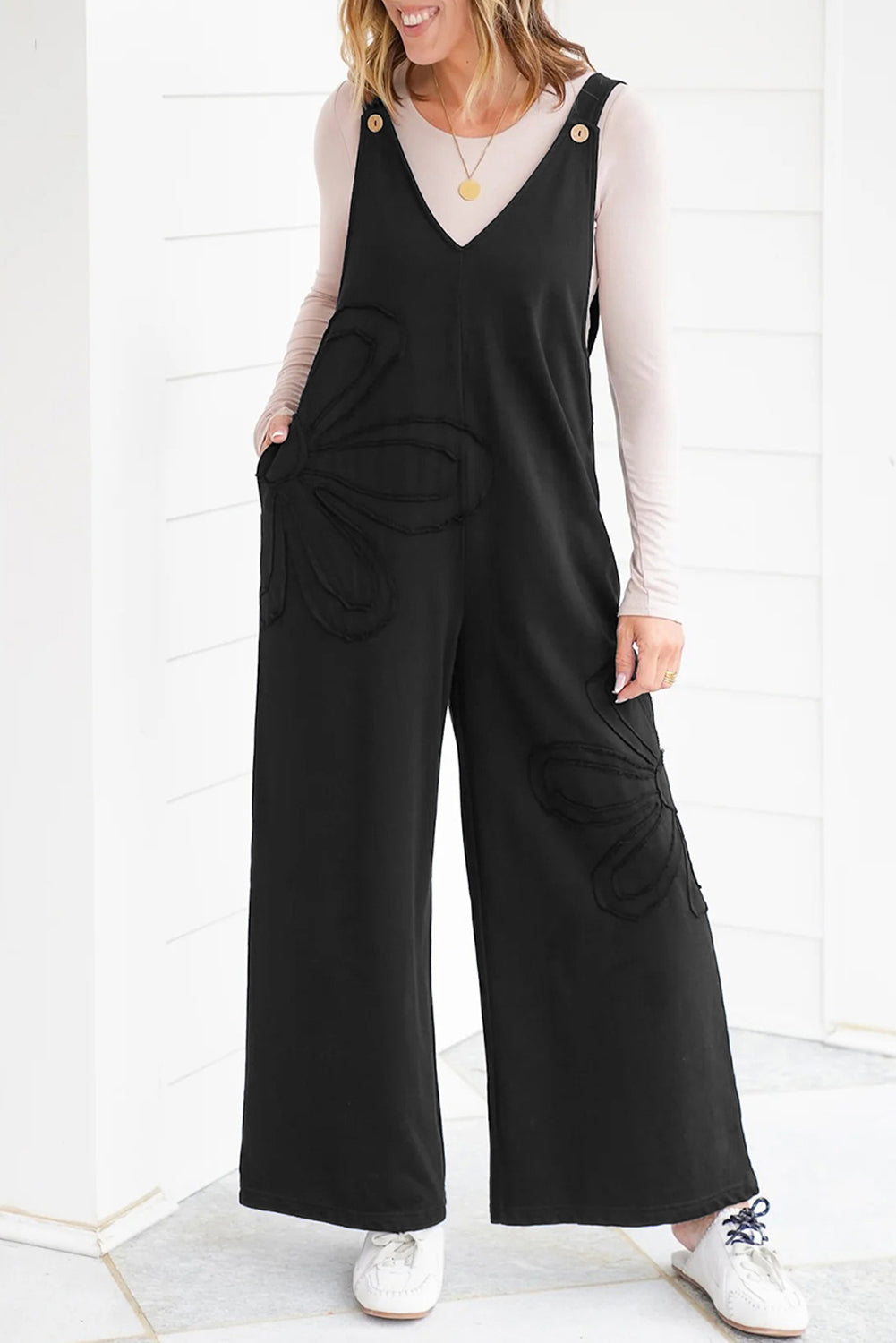 Black Floral-Appliqué Wide-Leg Jumpsuit