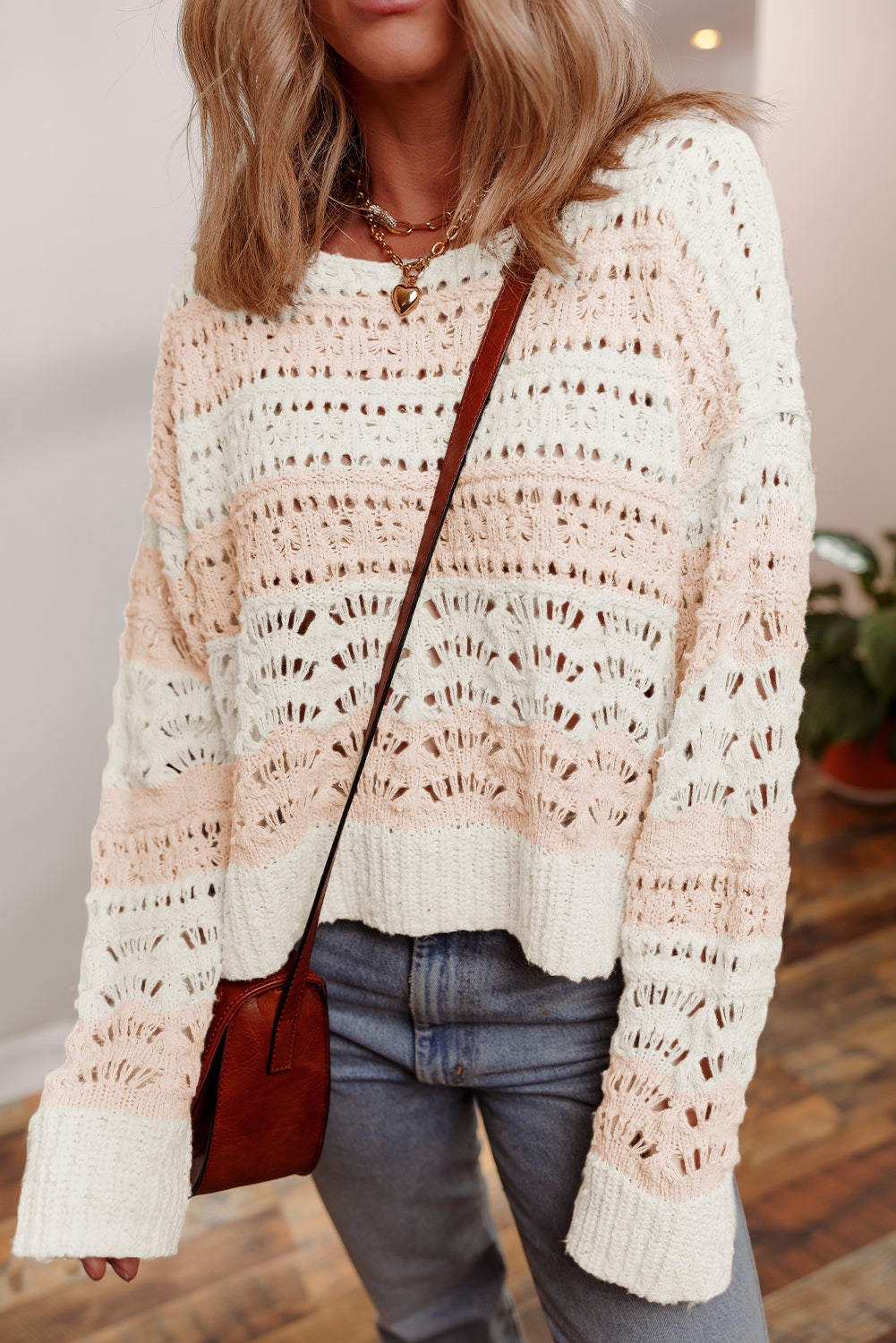 Pink Hollow-out Color-Block Drop-Shoulder Casual Sweater