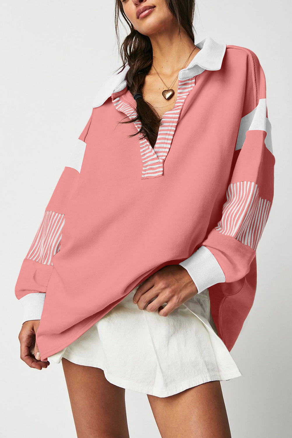 Pink Stripe Color-Block Patchwork Sweatshirt