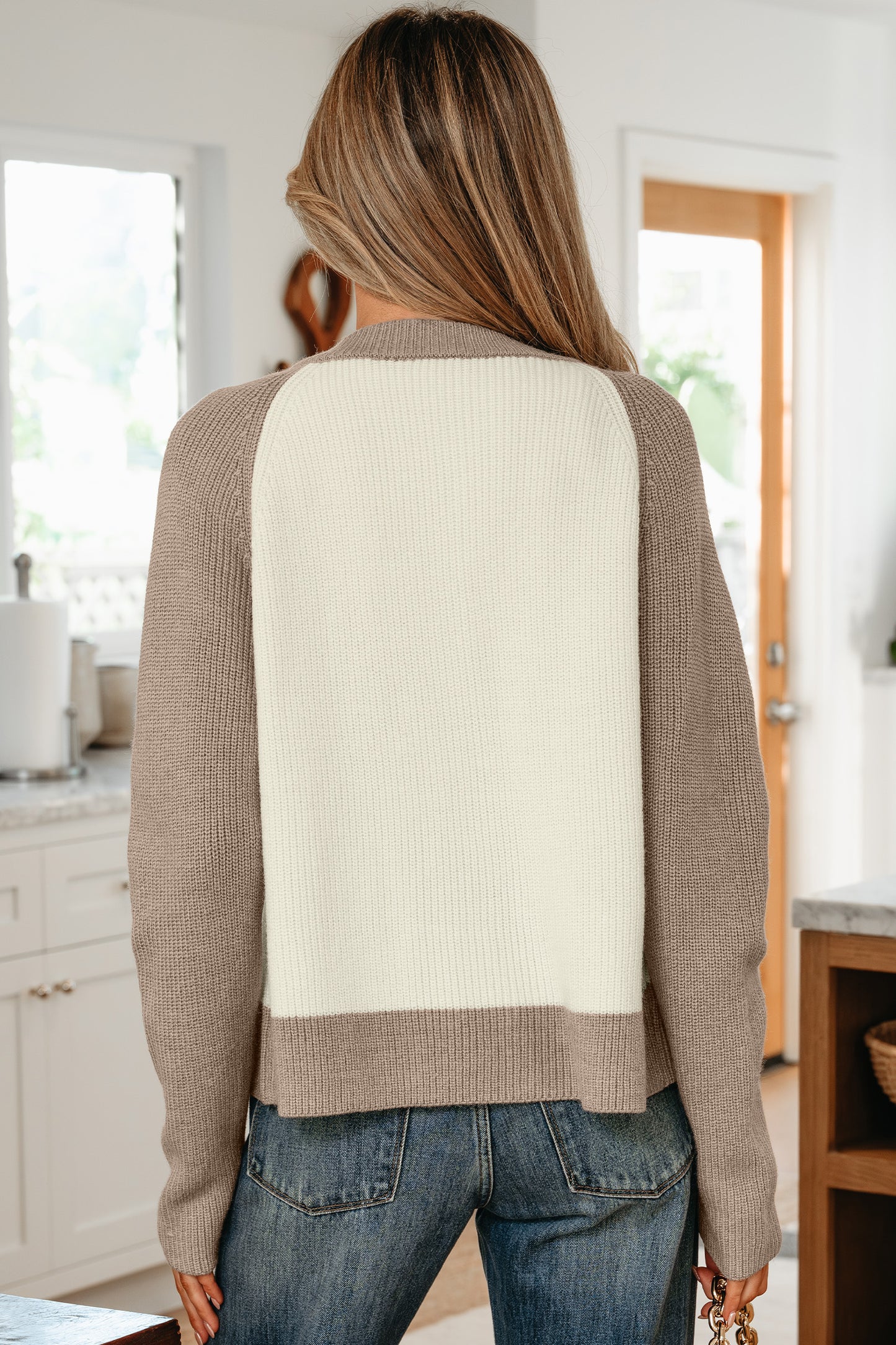 White Ribbed Color-Block Cardigan