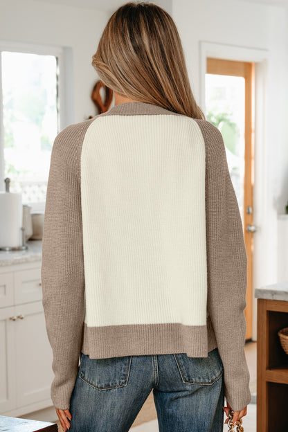 White Ribbed Color-Block Cardigan