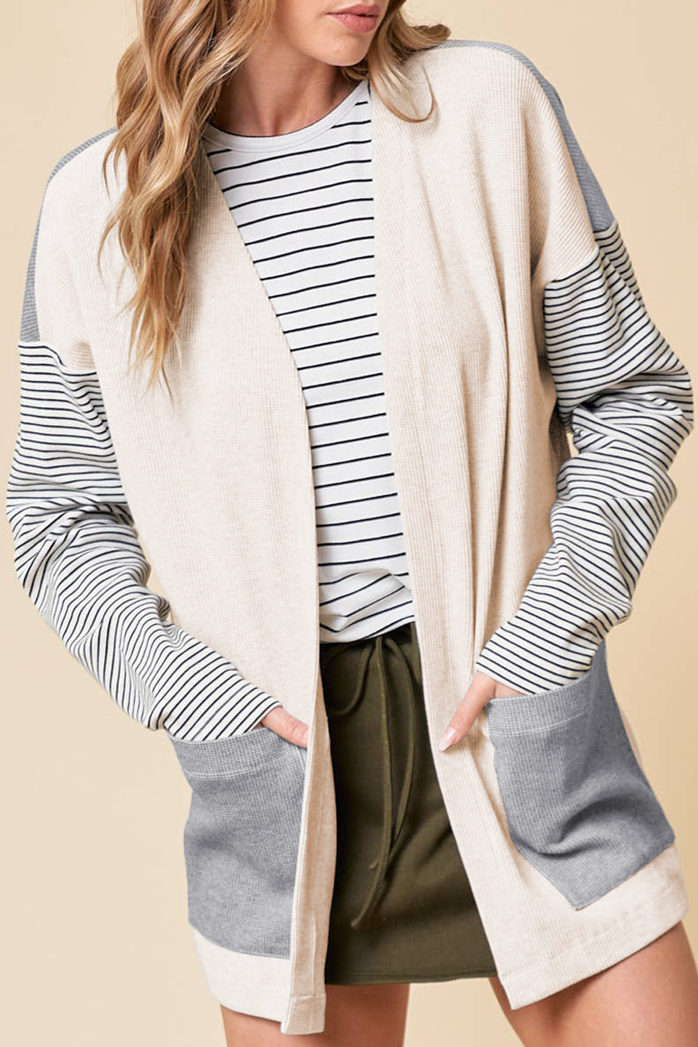 Black Stripe Color-Block Open-Front Cardigan
