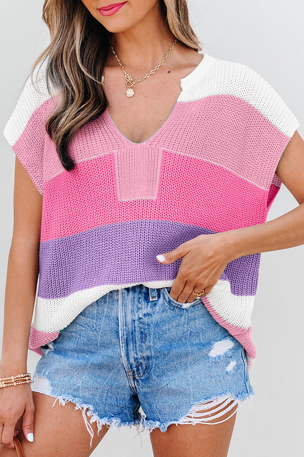 Light Blue Color-Block Notch-Neck Knit Top
