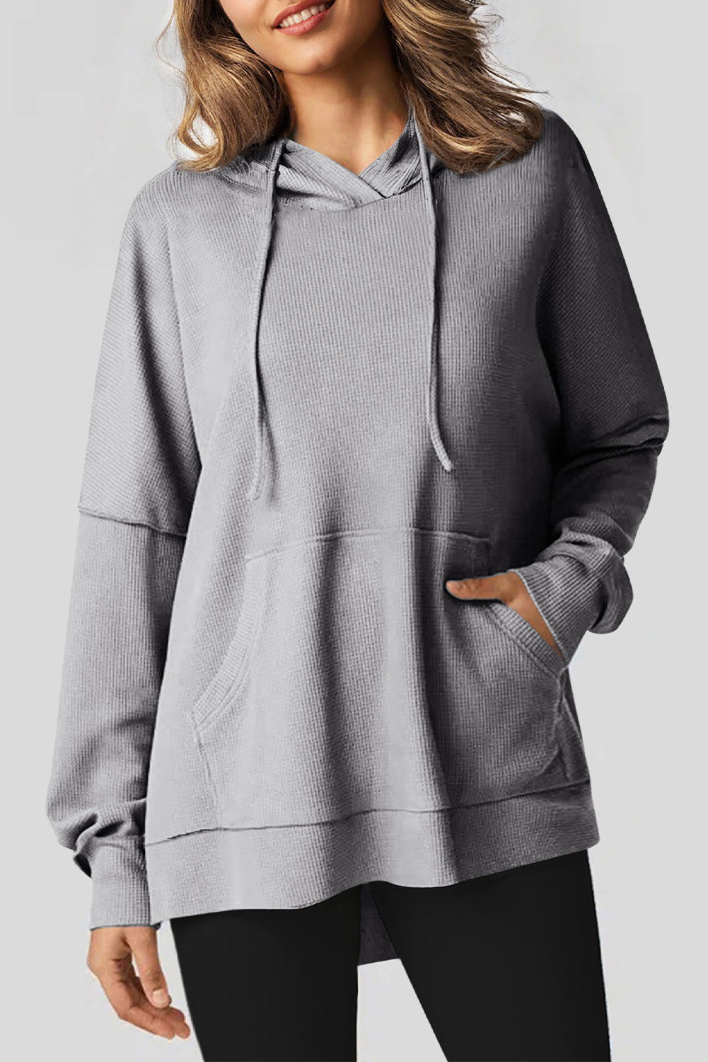 Black Waffle-Knit High-Low Oversized Hoodie