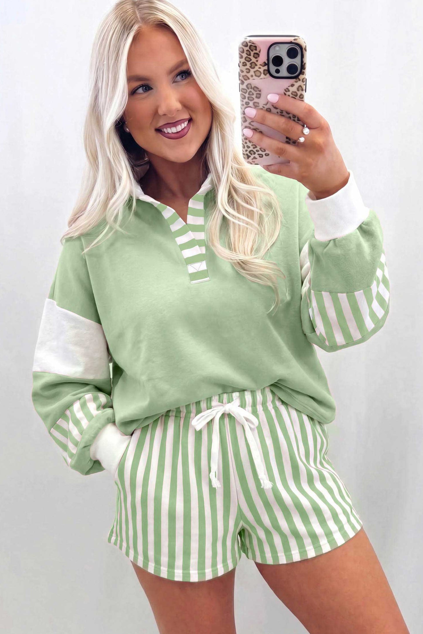 Striped Color-Block Pullover and Drawstring Shorts Set