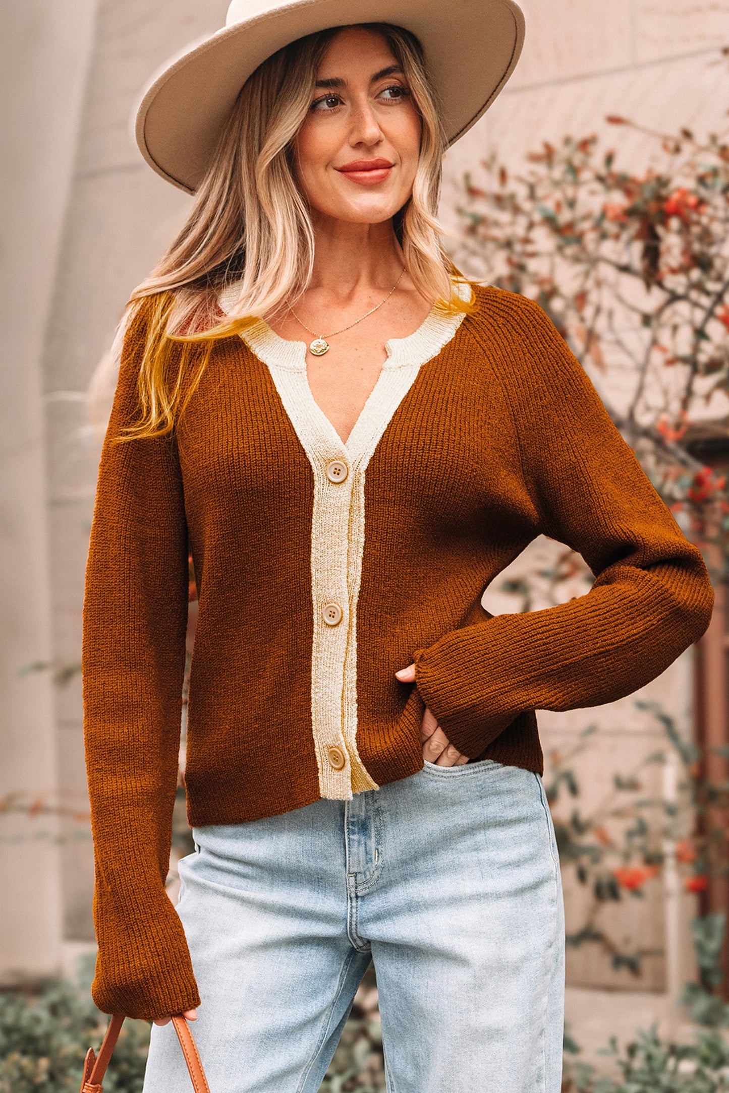 Chestnut Contrast-Trim Short Cardigan