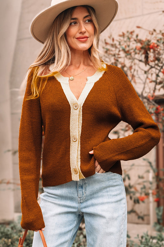 Chestnut Contrast-Trim Short Cardigan