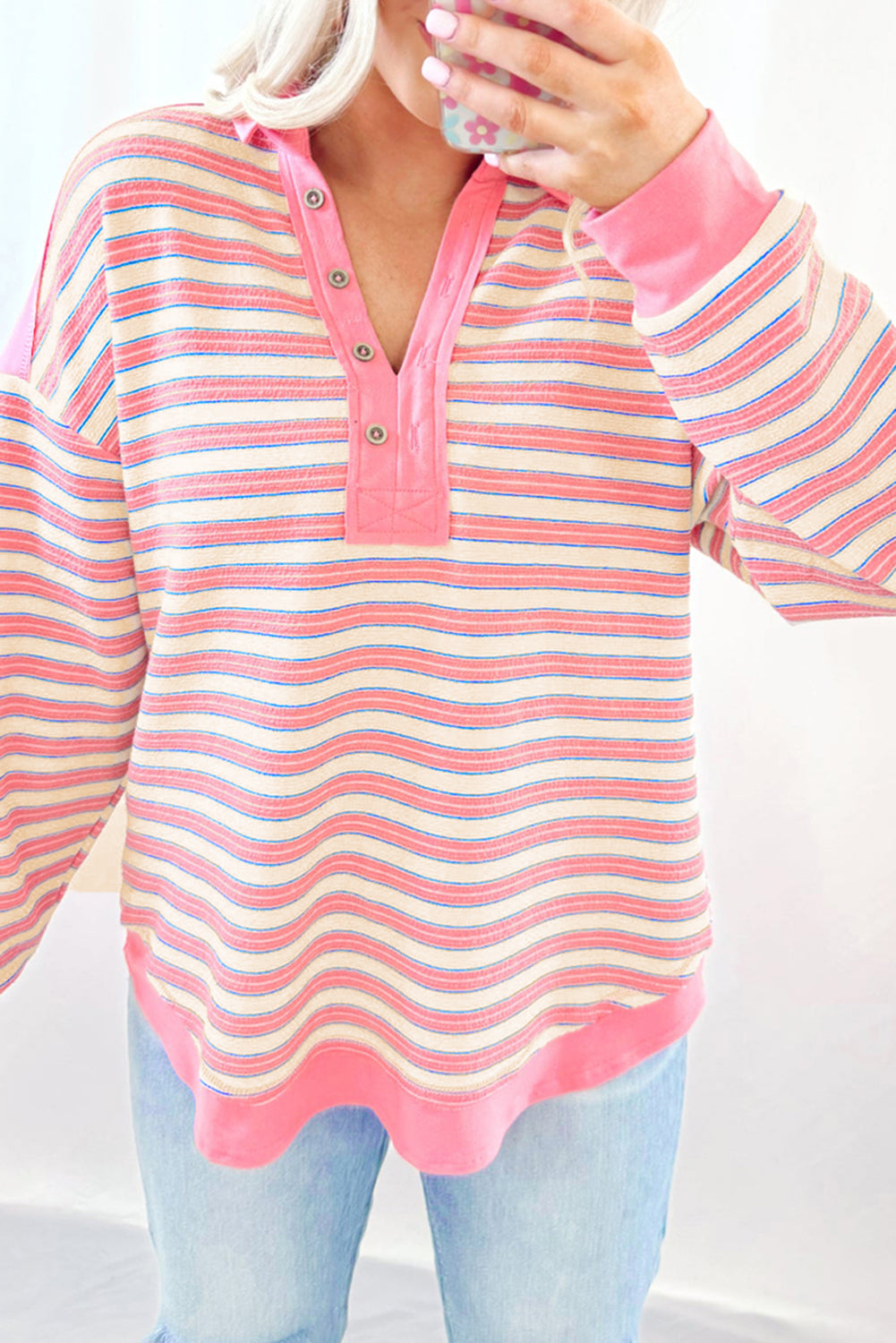 Pink Stripe Buttoned V-Neck Collared Drop-Shoulder Top