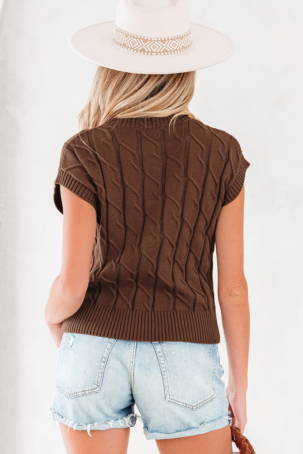 Dark Brown Cable-Knit Short-Sleeve Sweater
