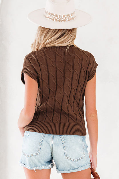 Dark Brown Cable-Knit Short-Sleeve Sweater