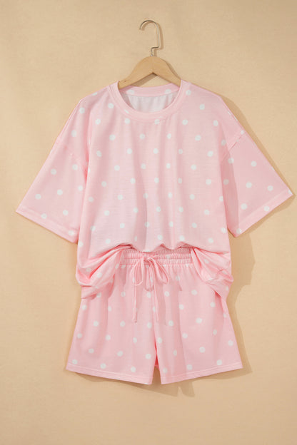 Pink Polka Dot Short-Sleeve Loose Top Drawstring Shorts Set