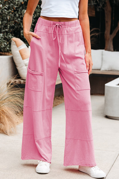 Bonbon Mineral Wash Exposed Seam Drawstring Elastic Waistband Wide-Leg Cargo Pants