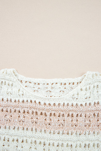 Pink Hollow-out Color-Block Drop-Shoulder Casual Sweater