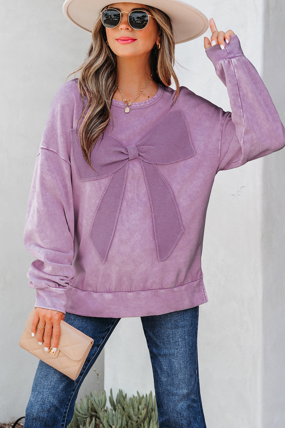 Orchid Bow-Appliqué Washed Sweatshirt