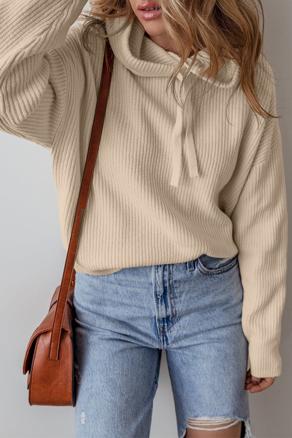 Beige Drawstring-Hood Knit Pullover Sweater