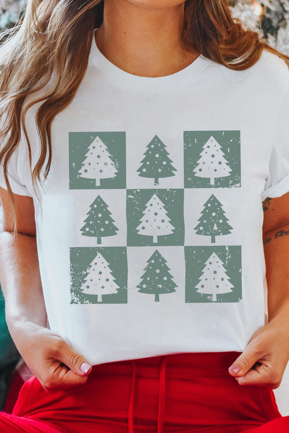 White Christmas Tree Checkerboard Graphic Tee