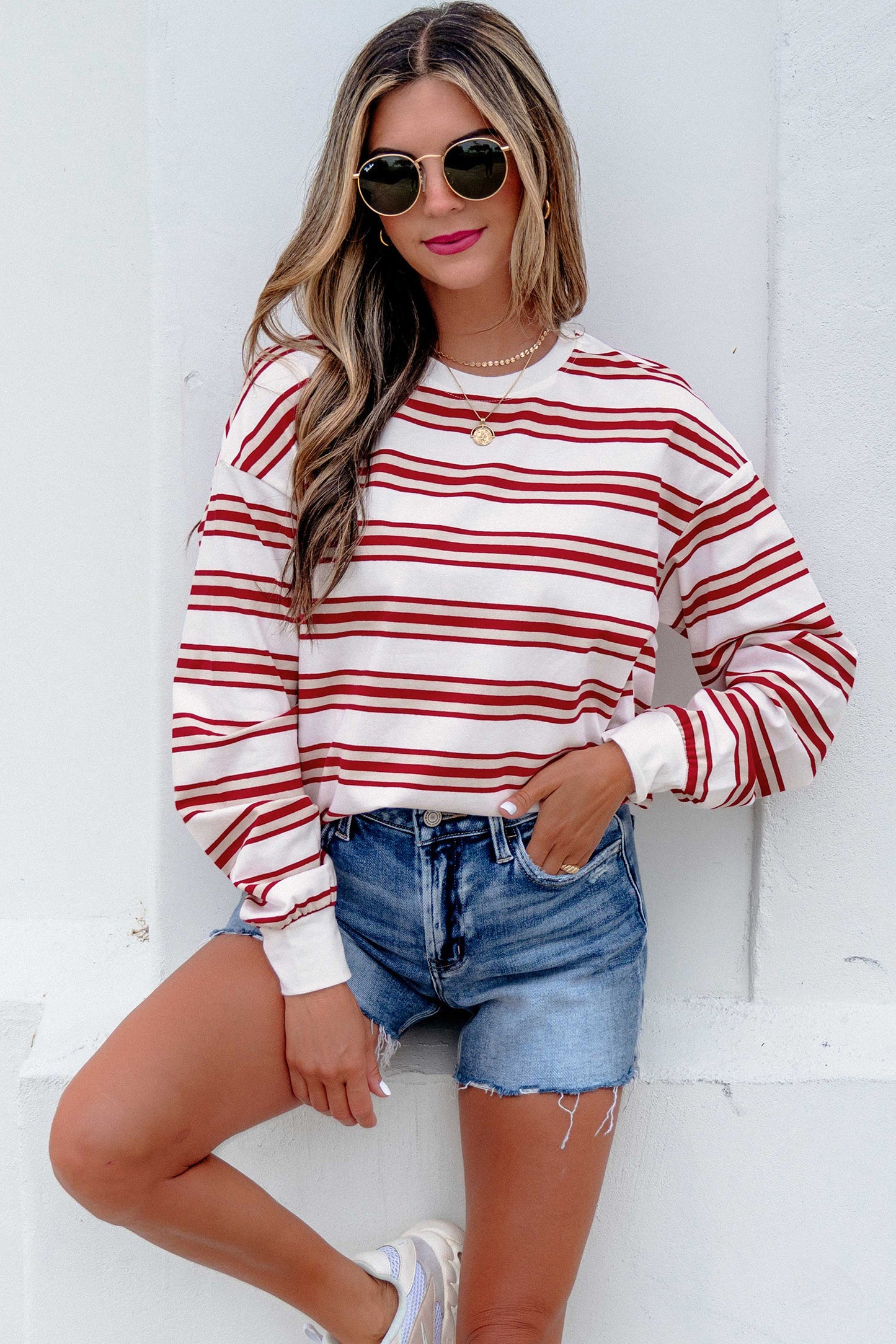 Red Striped Drop-Shoulder Long-Sleeve Top
