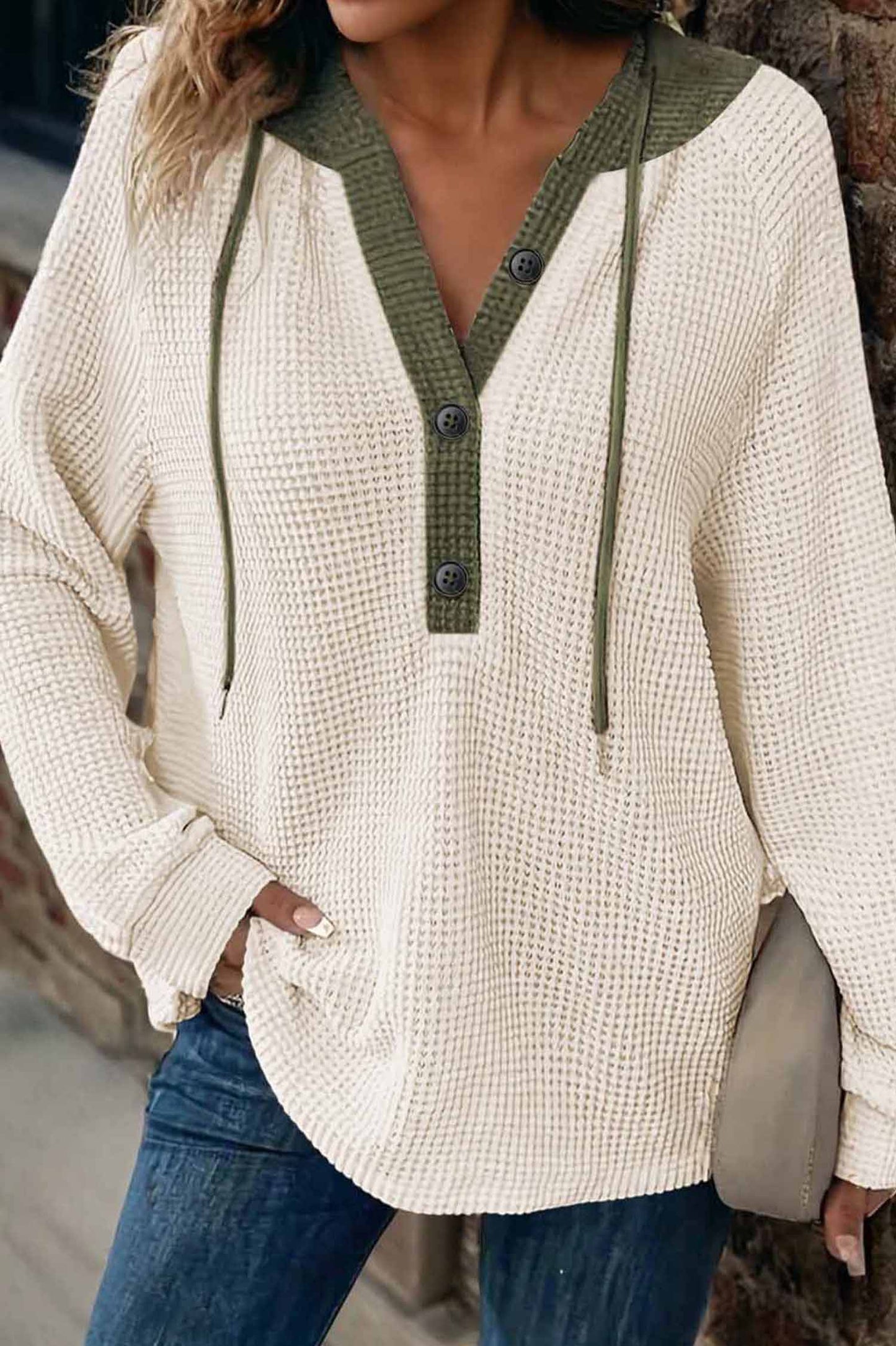 White Waffle-Knit Contrast Hooded Top