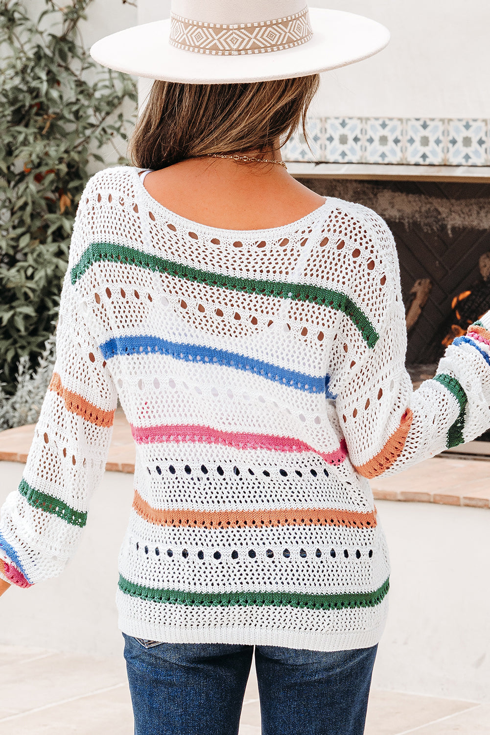 White Multicolor Striped Pointelle Sweater