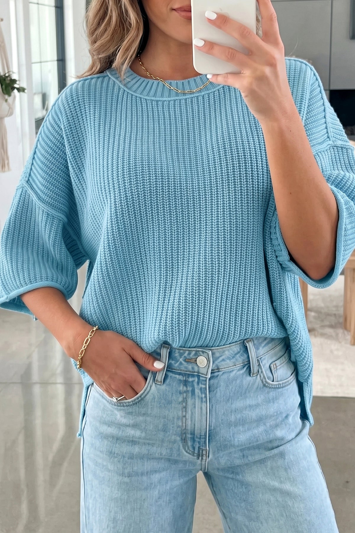 Mist Blue Exposed Seam Detail Half-Sleeve Loose Sweater