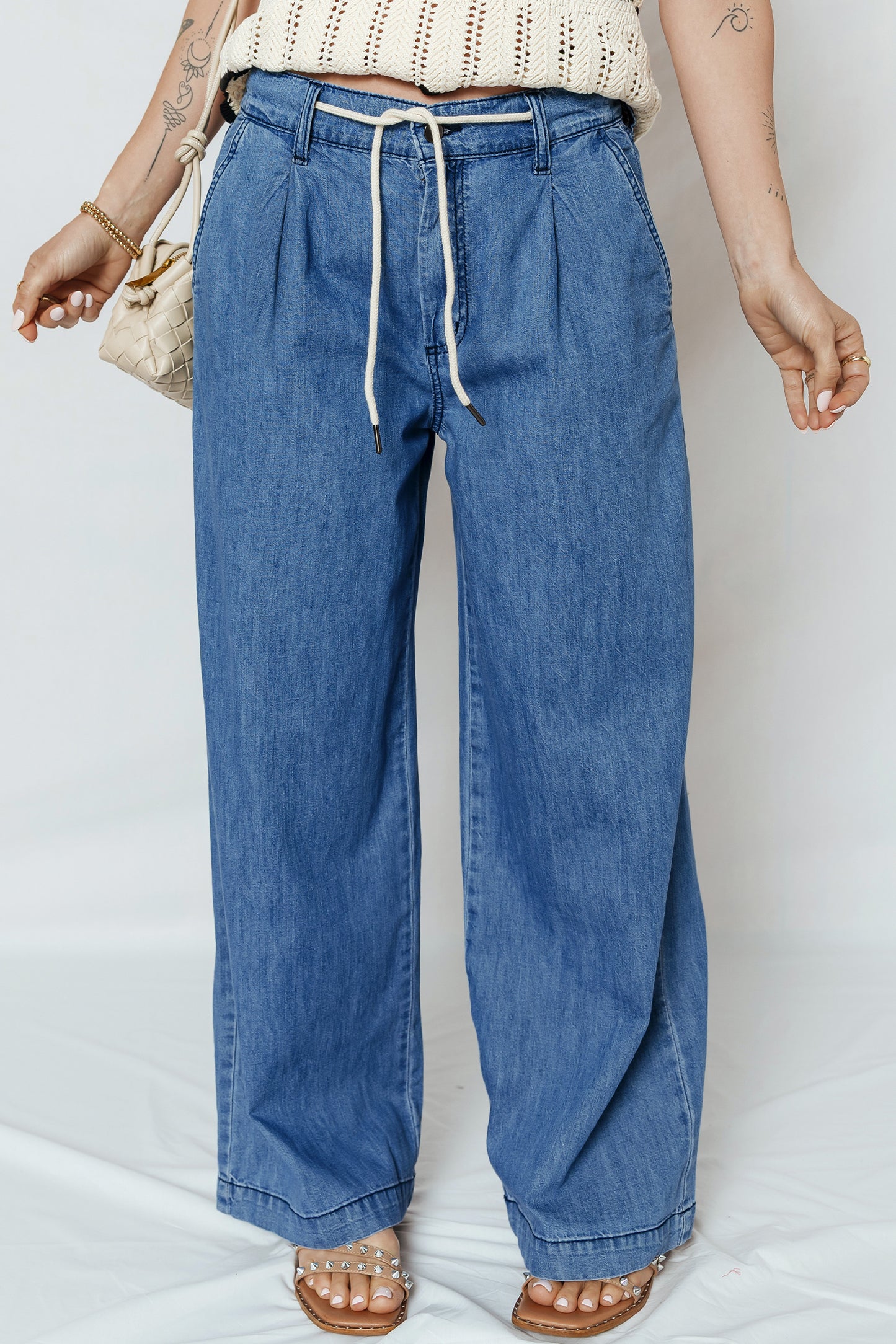 Dusk Blue Lace-Up Wide-Leg Jeans
