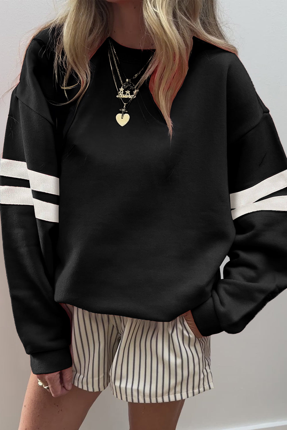 White Varsity Striped Detail Drop-Shoulder Oversized Sweatshirt