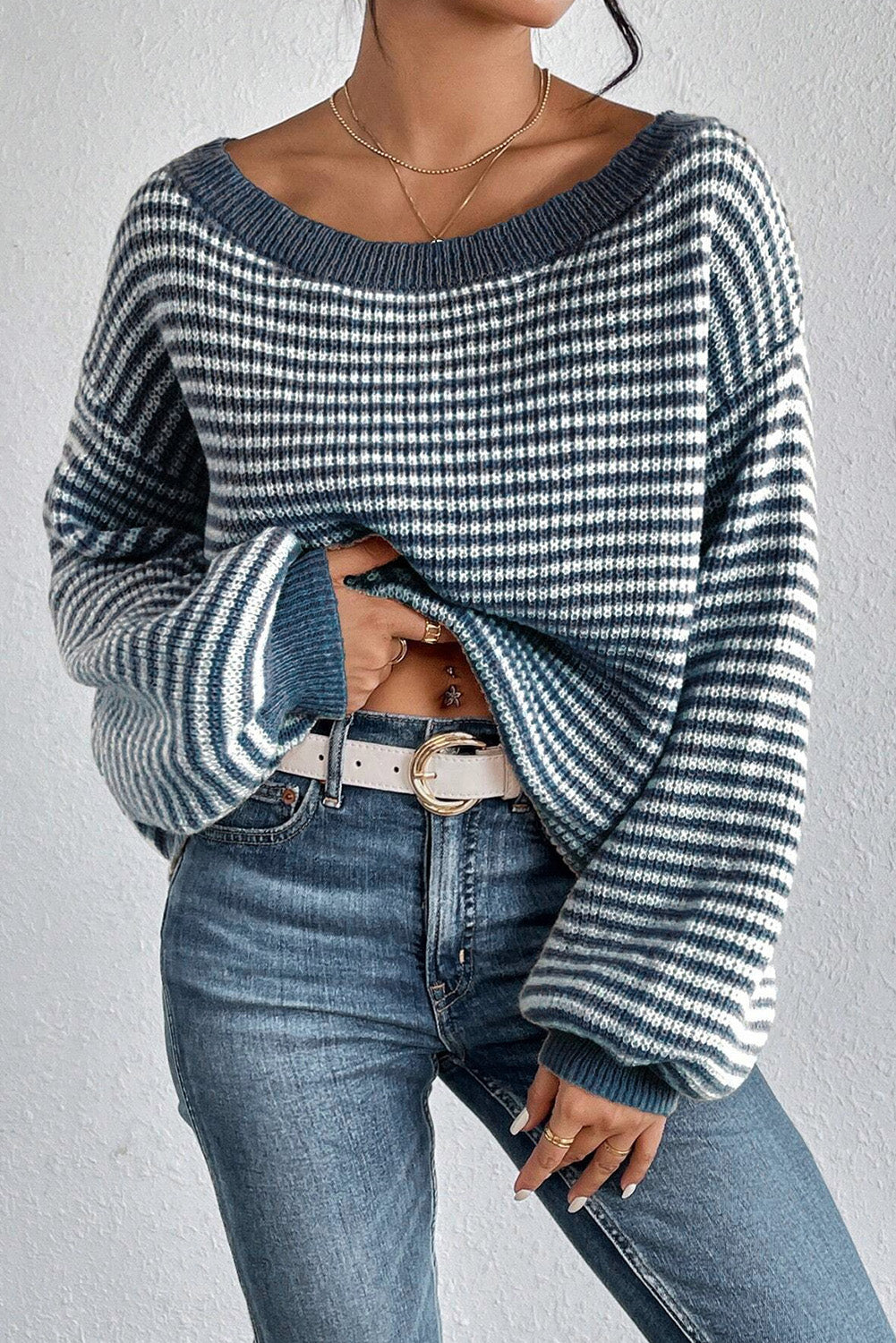 Sail Blue Stripe Lantern-Sleeve Sweater