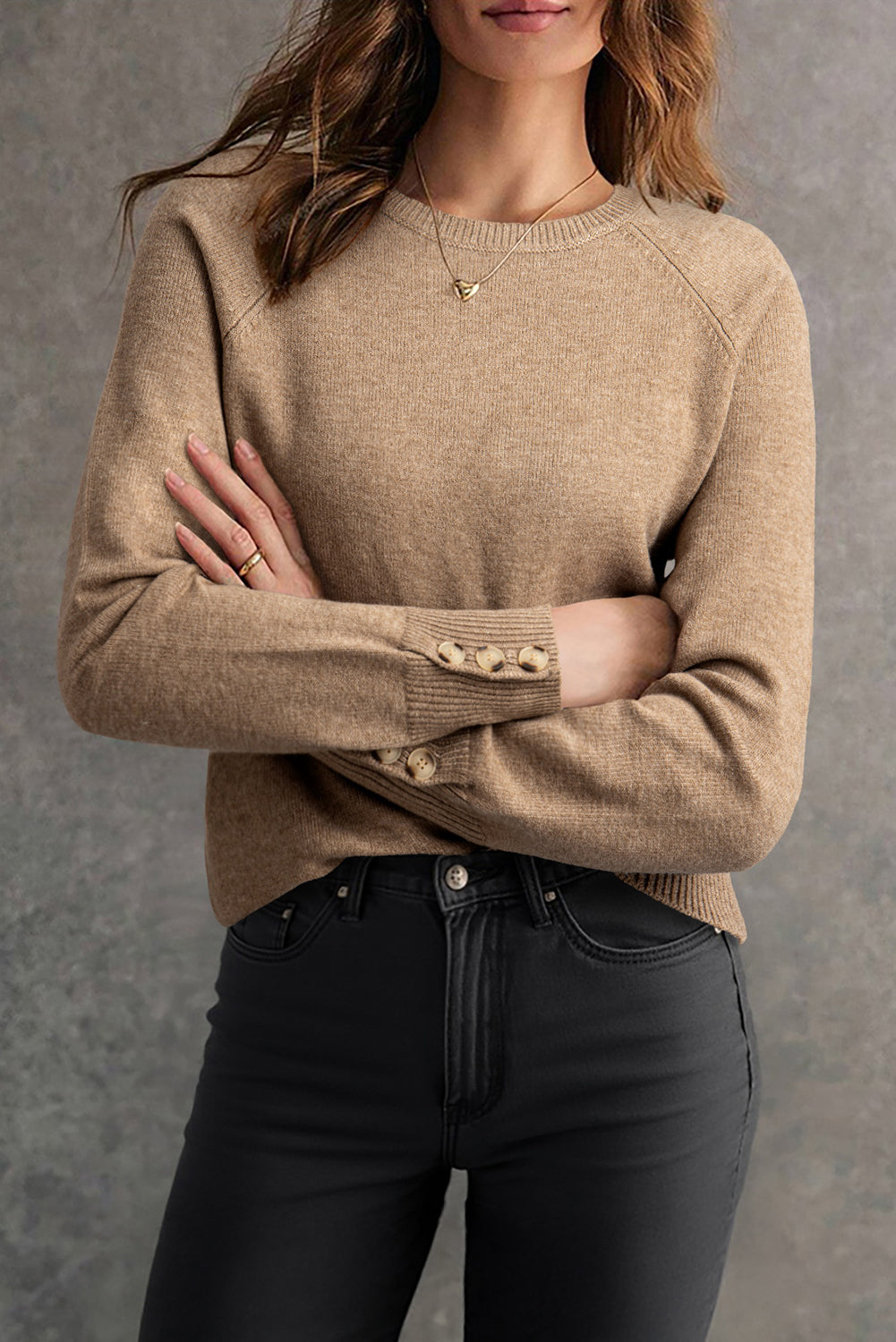 Camel Button-Cuff Bishop-Sleeve Sweater