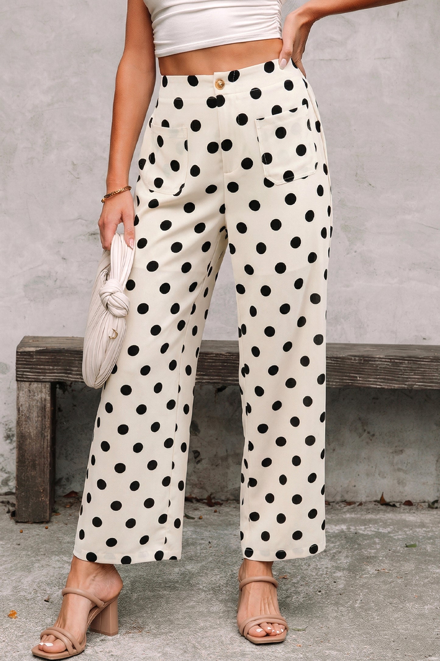White Polka-Dot Straight-Leg Pants
