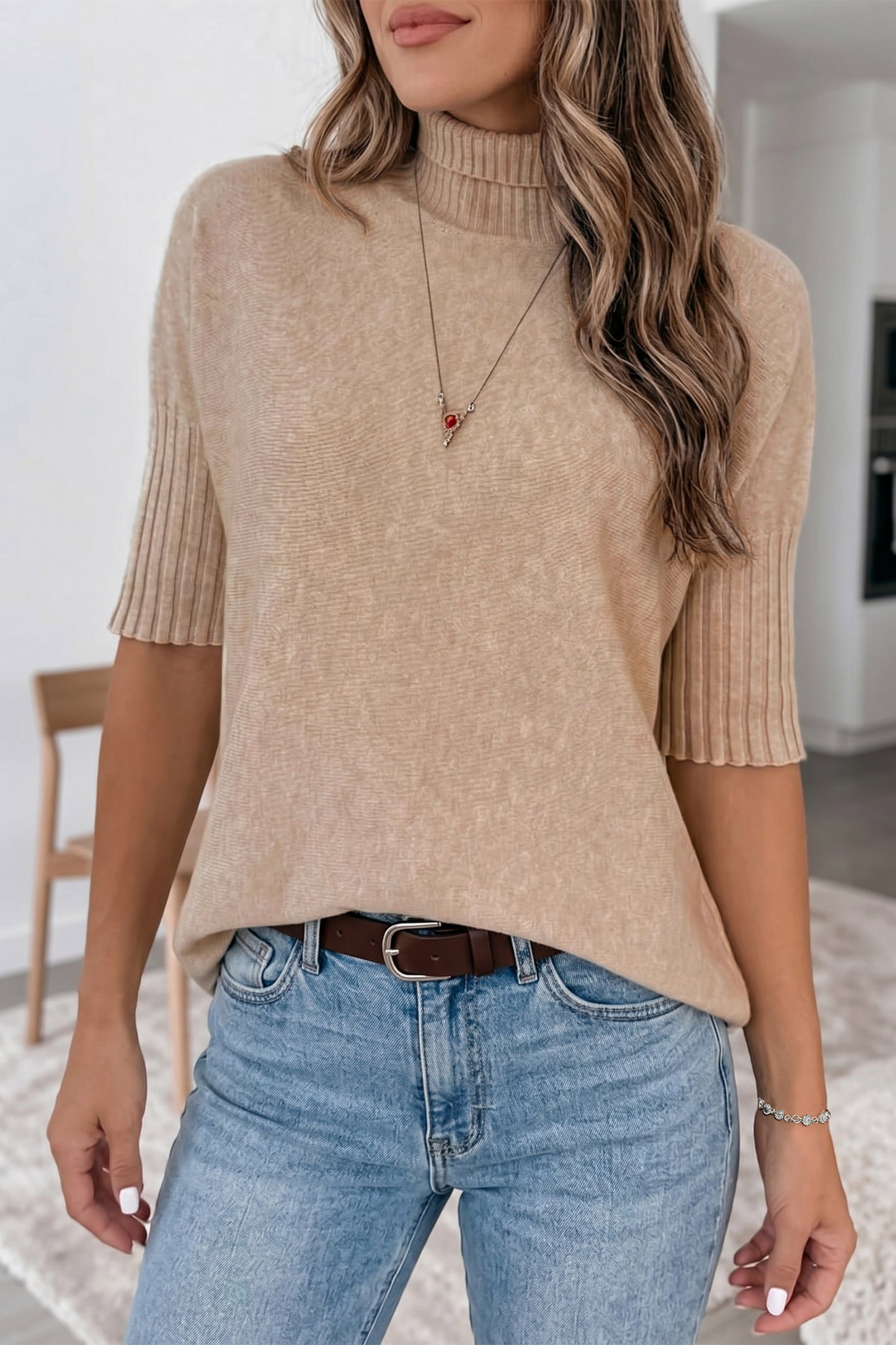 Beige Ribbed Trim High Neck Short-Sleeve Casual Sweater