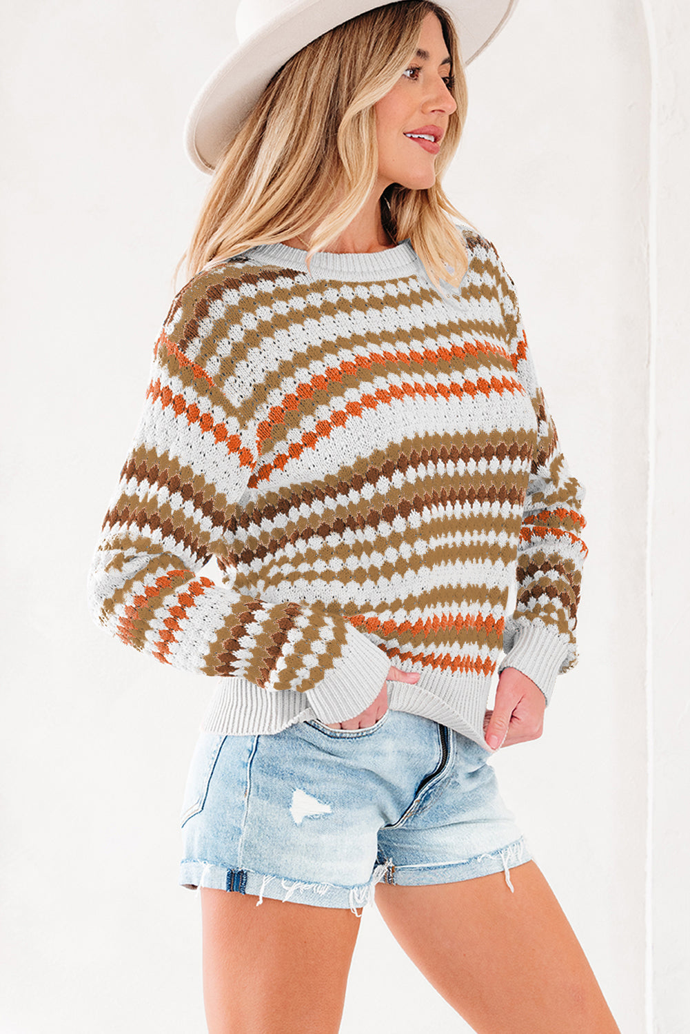 Brown Multicolor Striped Eyelet Sweater