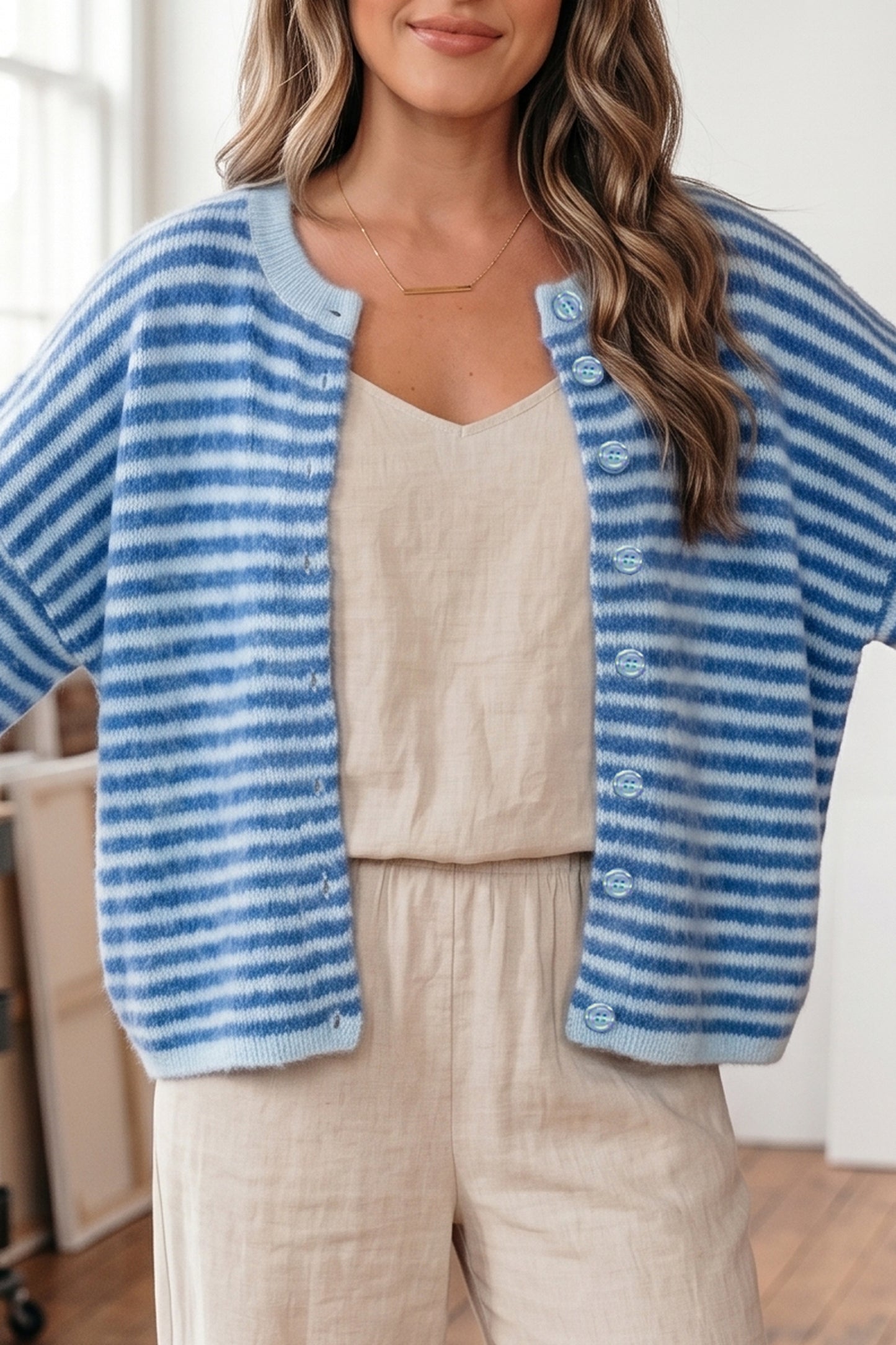 Blue Striped Half-Sleeve Button-Down Cardigan