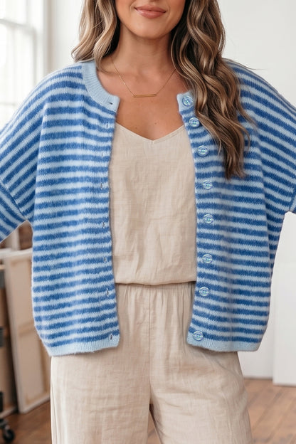 Blue Striped Half-Sleeve Button-Down Cardigan