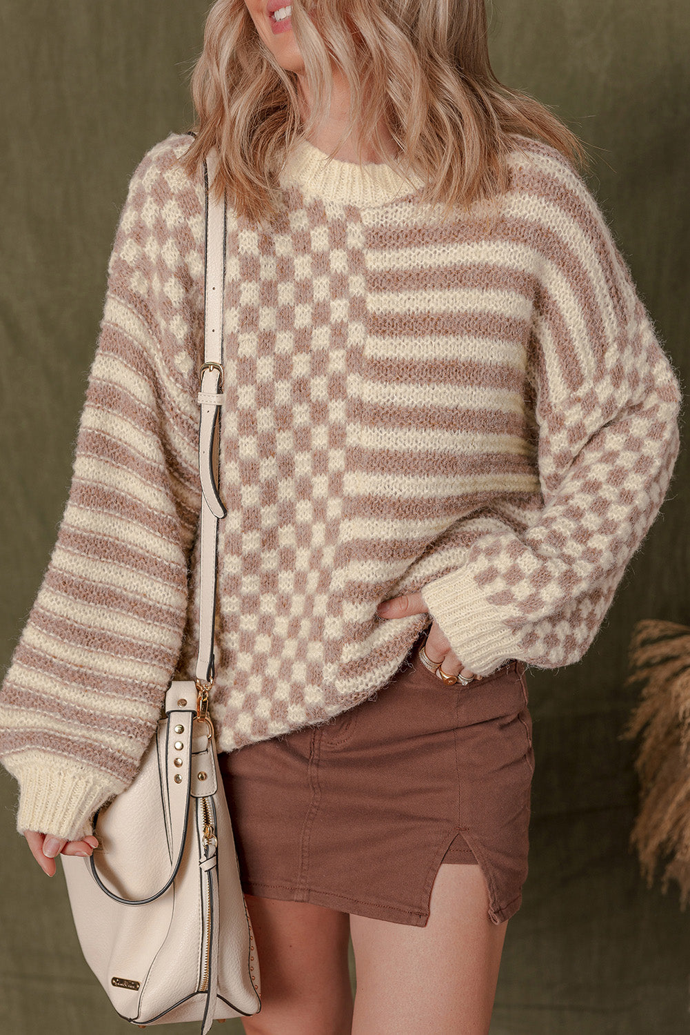Khaki Checkerboard Striped Sweater