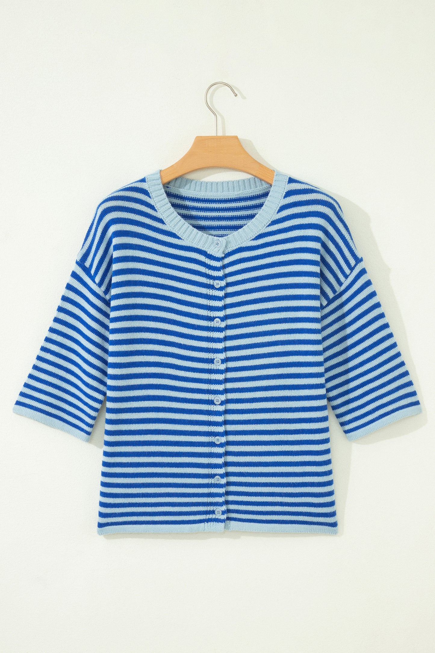 Blue Striped Half-Sleeve Button-Down Cardigan