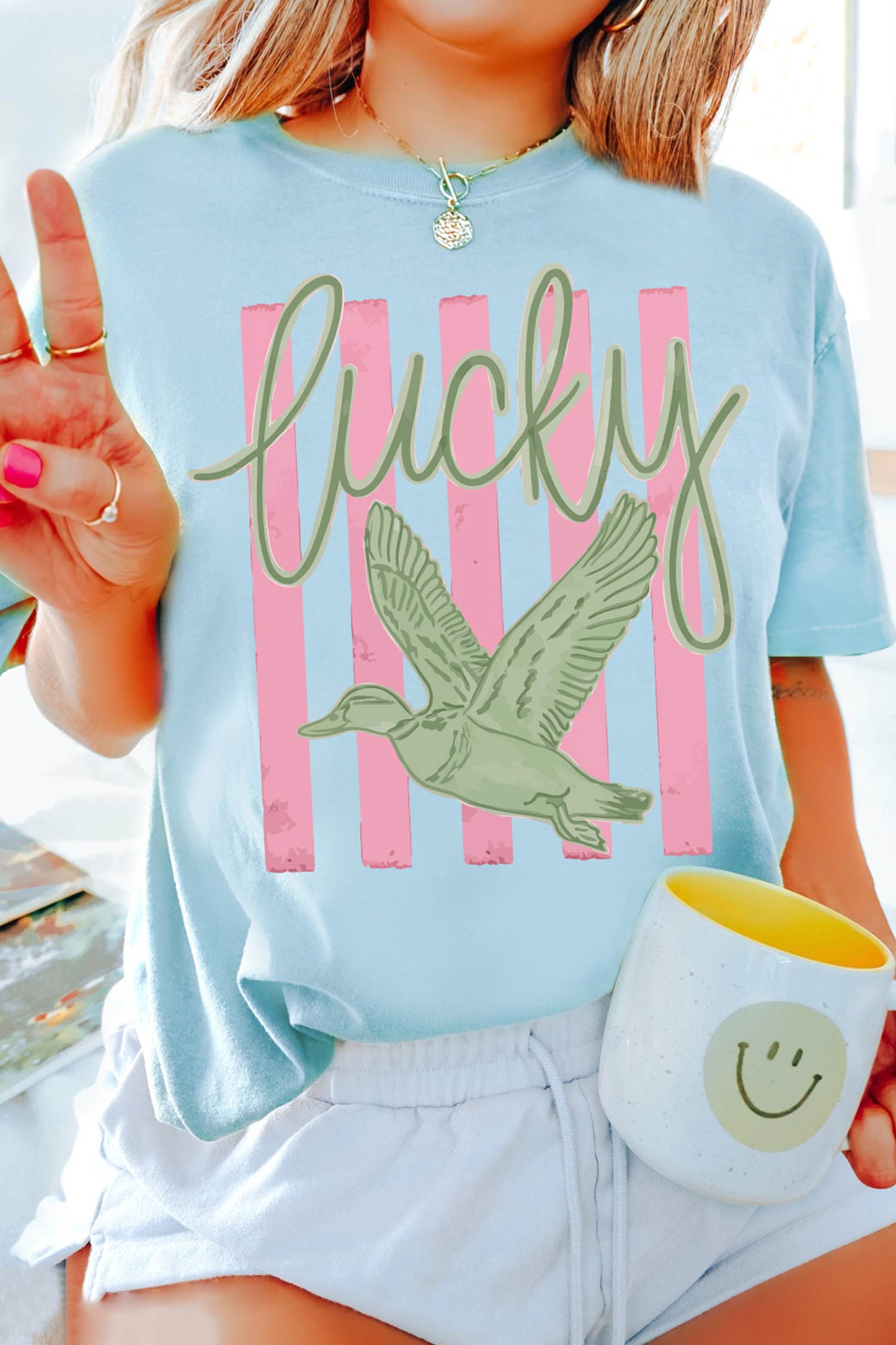 Light Blue Lucky Duck Graphic T-Shirt