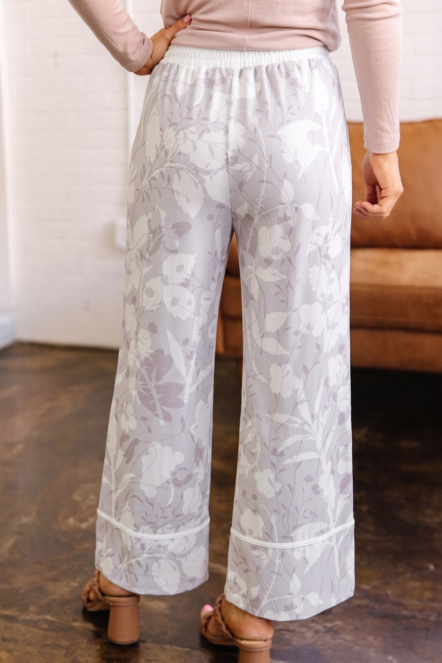 Gray Floral Wide-Leg Pants