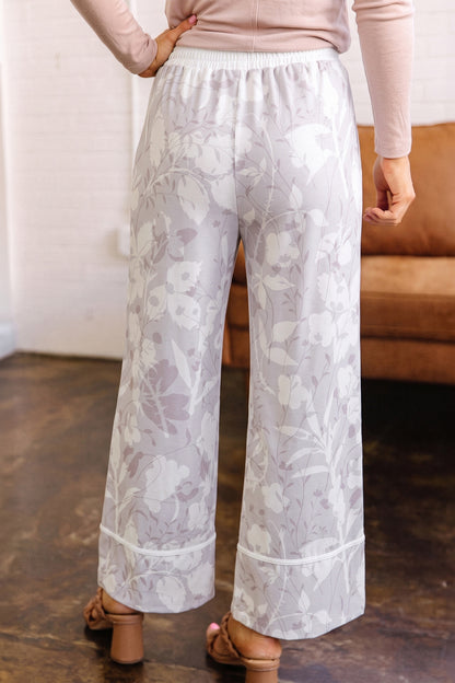 Gray Floral Wide-Leg Pants