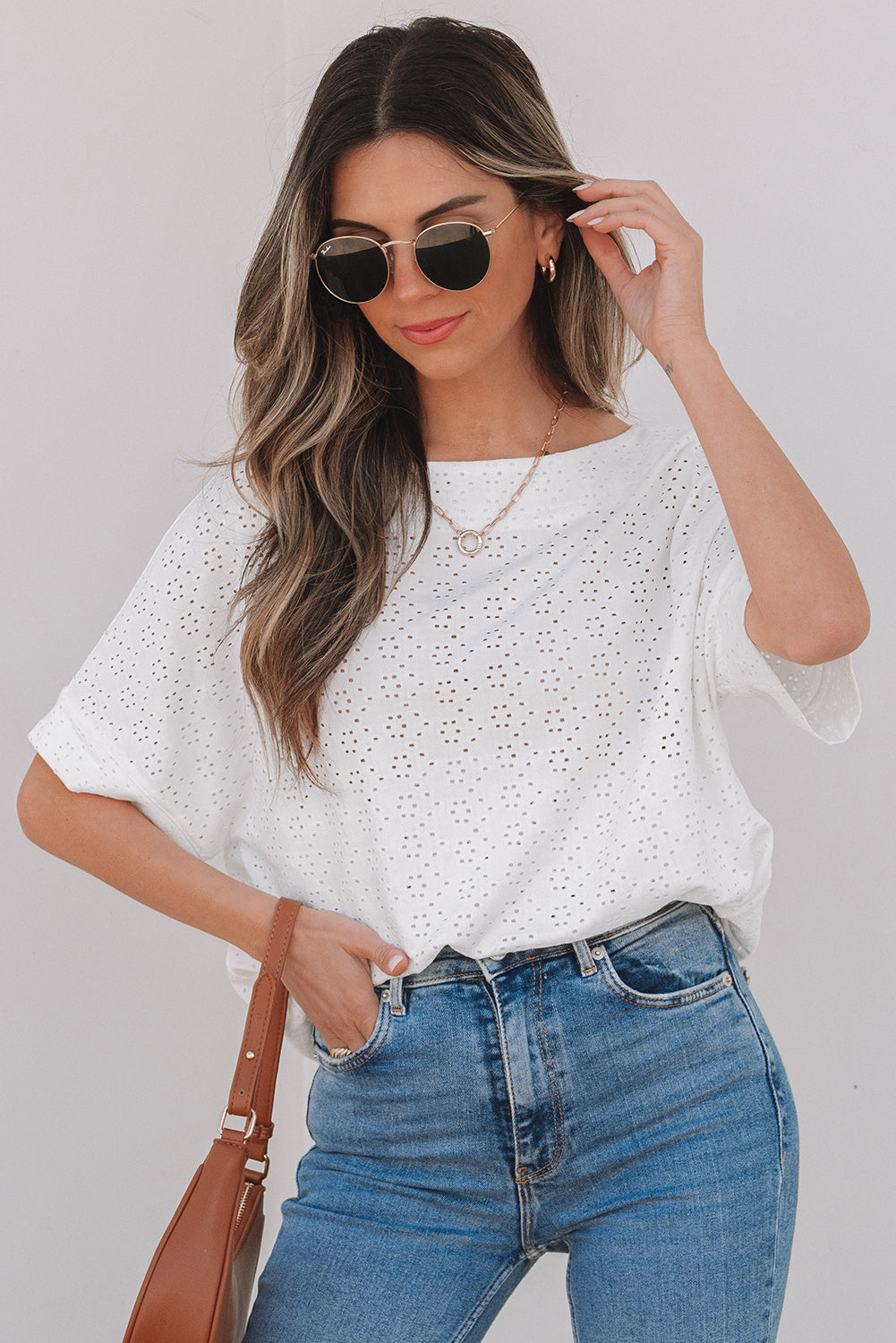 White Eyelet Boat-Neck Tee