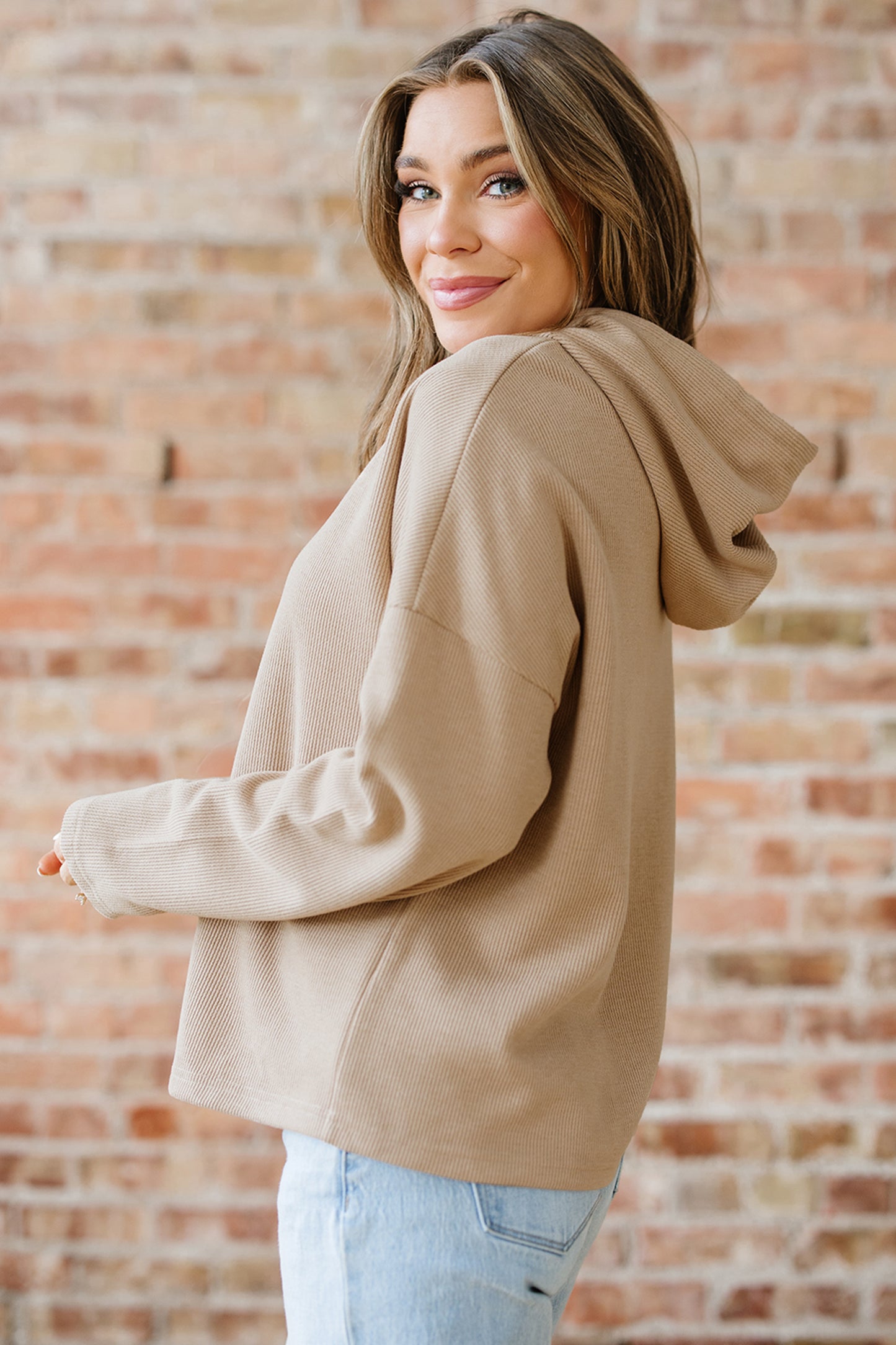 Camel Textured Drawstring Hoodie