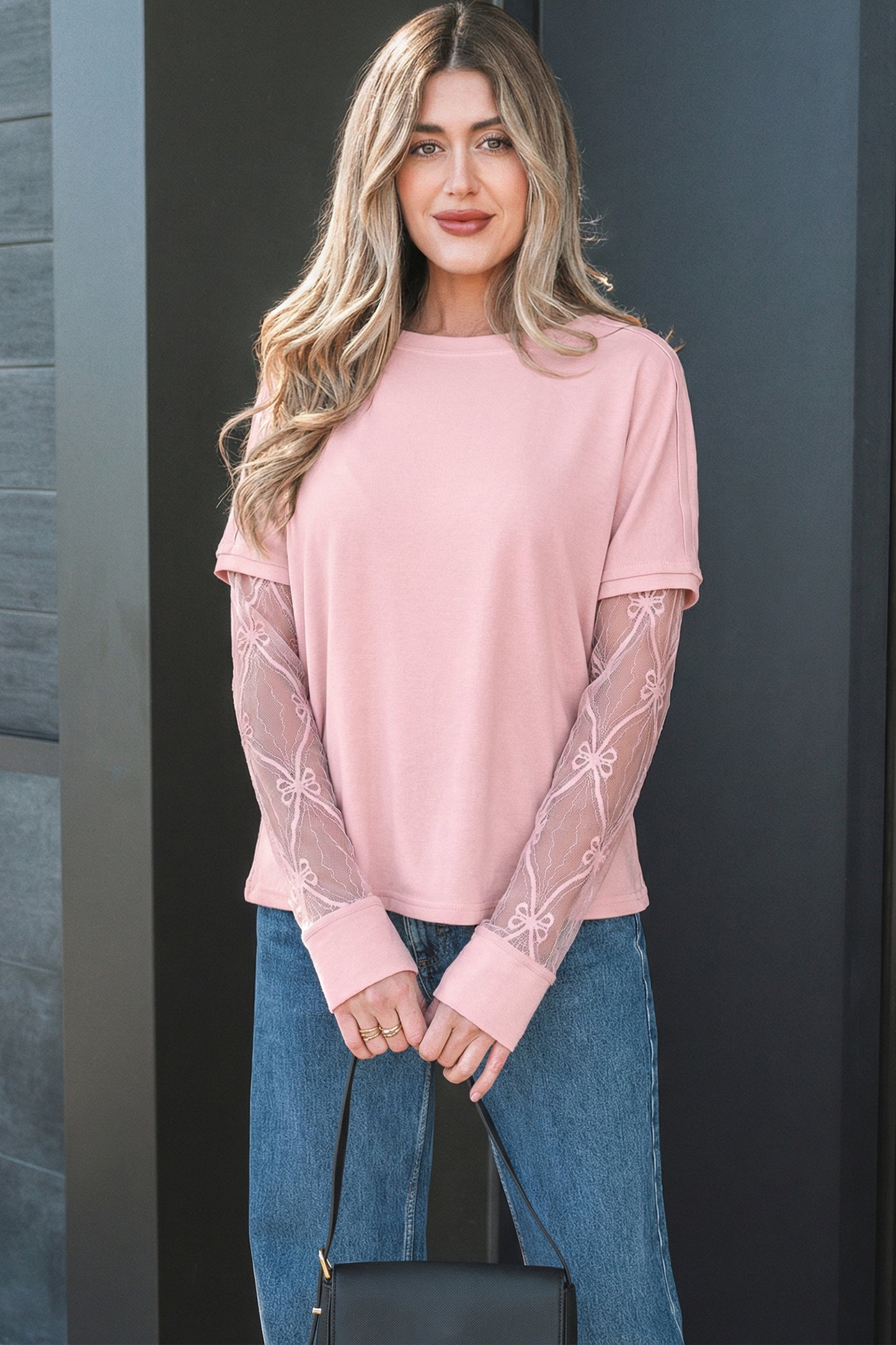 Black Floral-Lace Sleeve Long-Sleeve T-Shirt