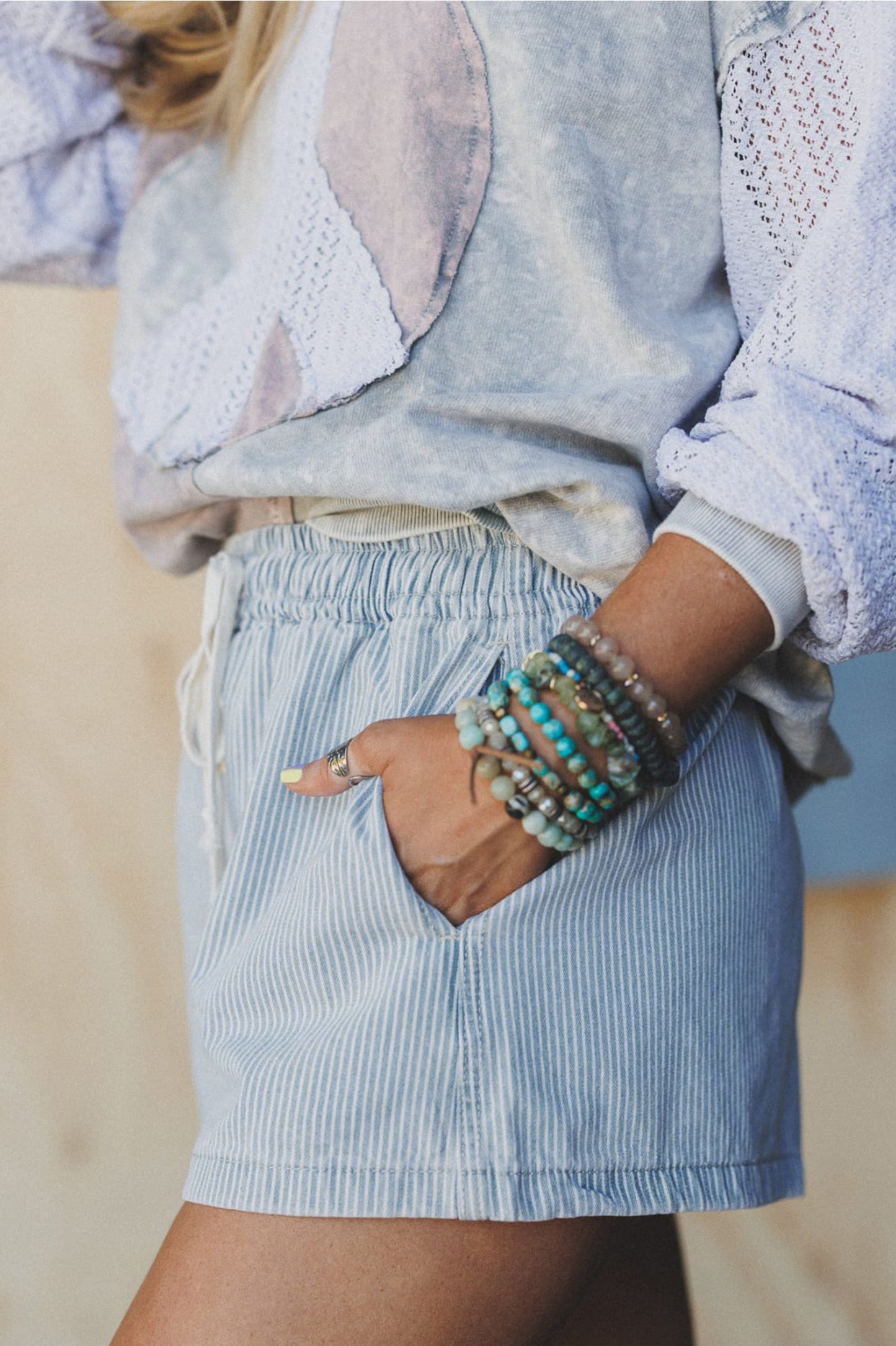Sky Blue Stripe Drawstring Elastic Waist Casual Denim Shorts