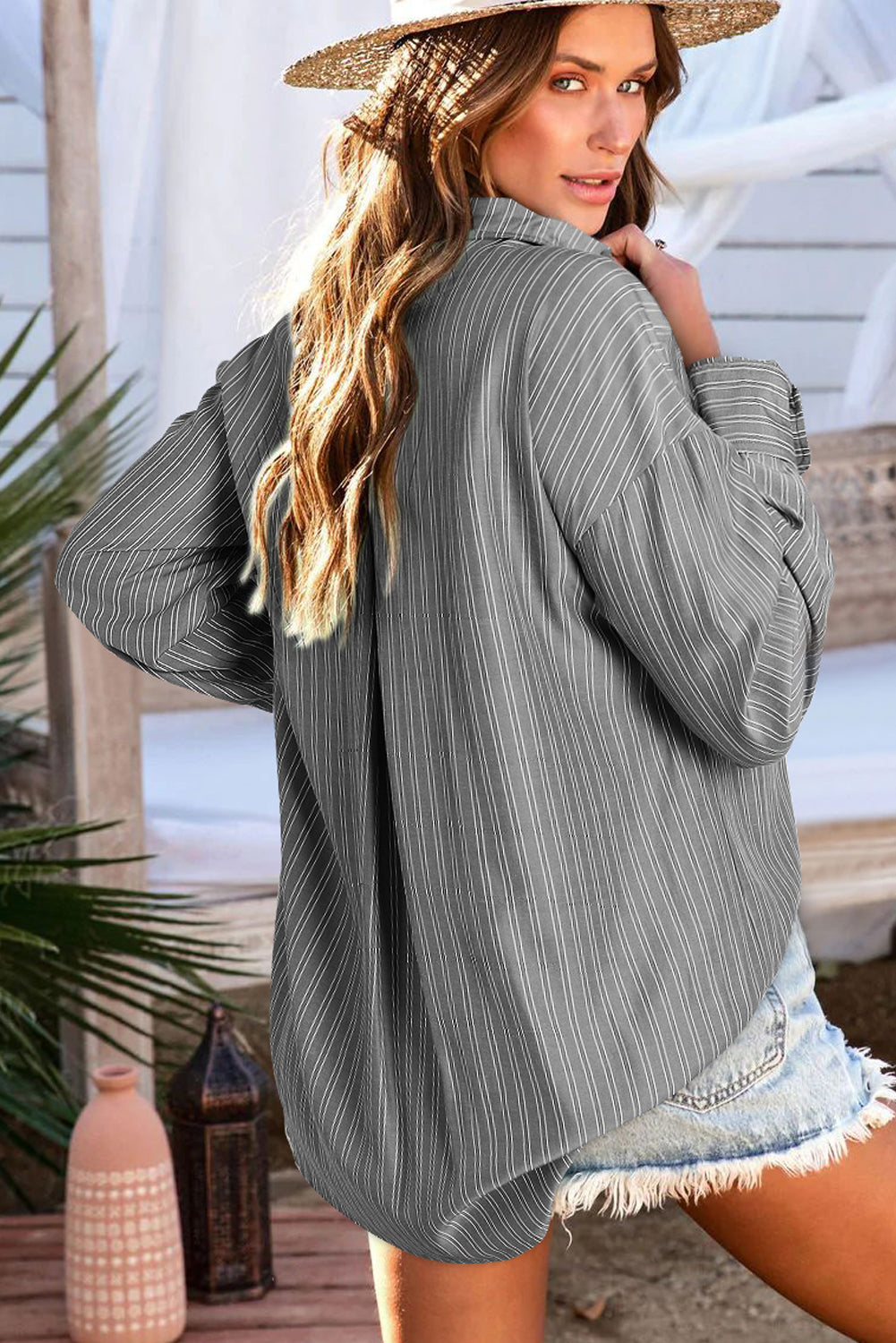 Black Stripe Oversized Button-Up Shirt