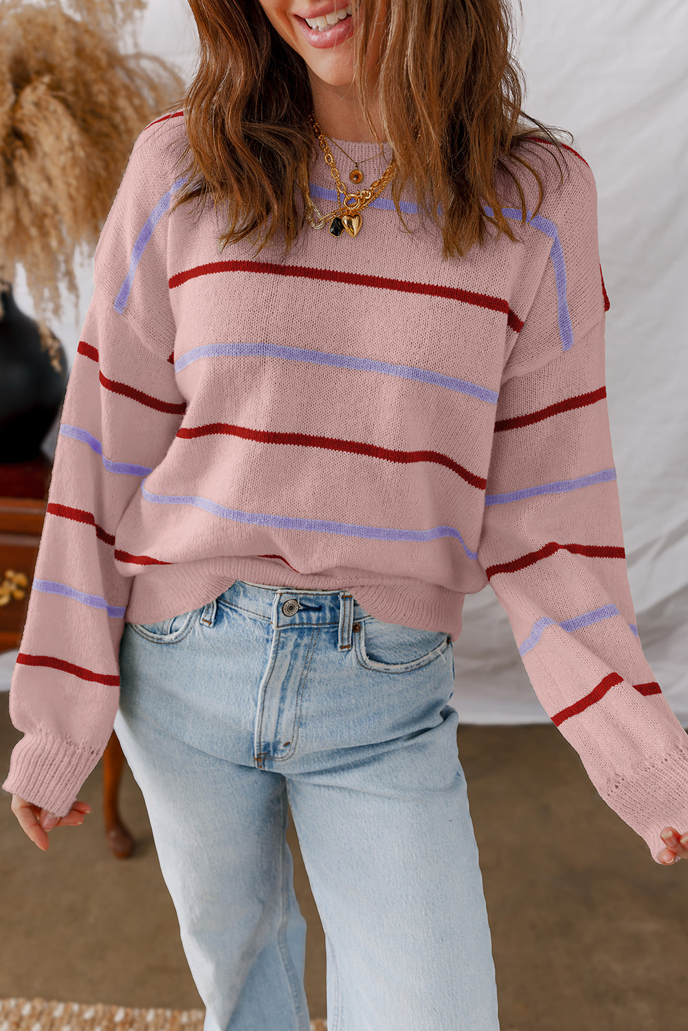 Pink Multicolor Striped Sweater