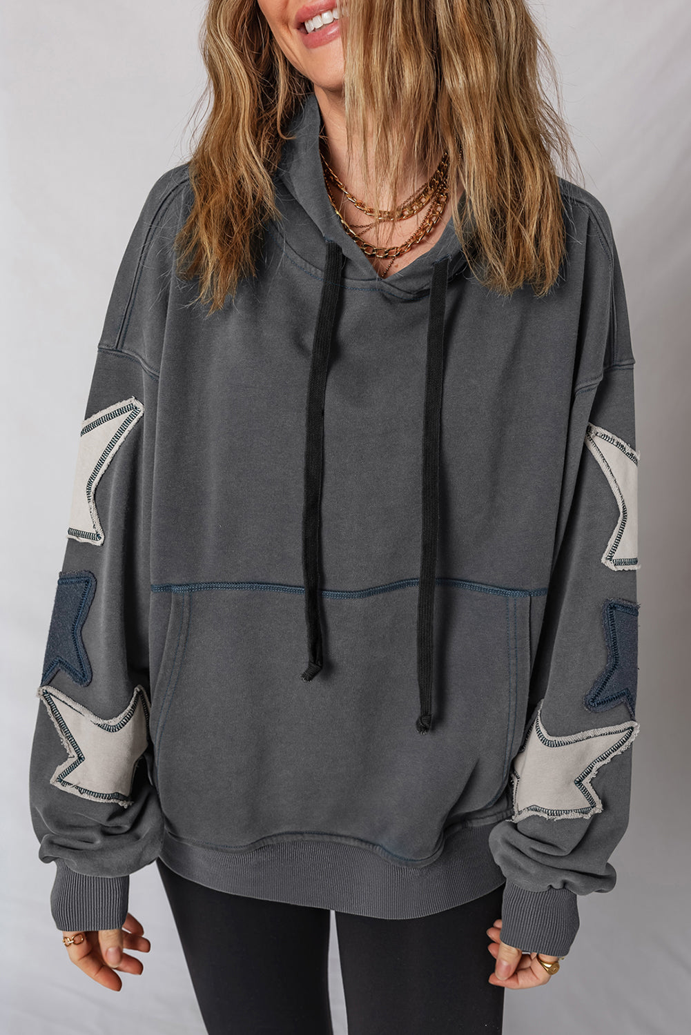 Carbon Gray Star-Appliqué Washed Hoodie