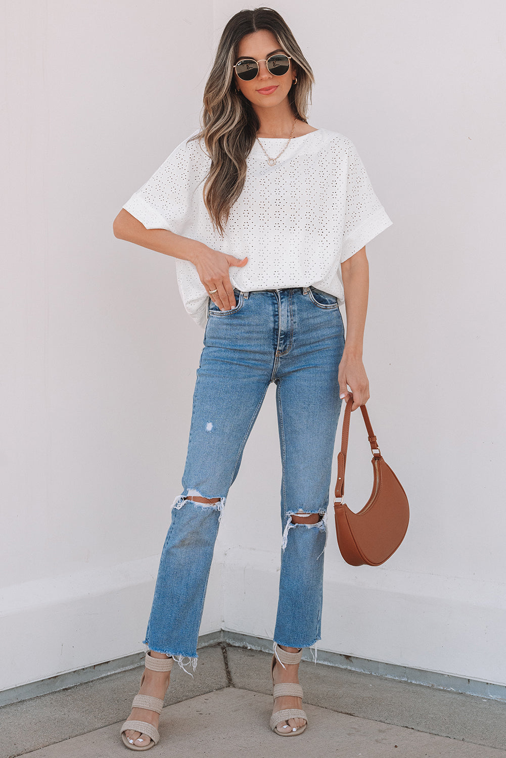 White Eyelet Boat-Neck Tee