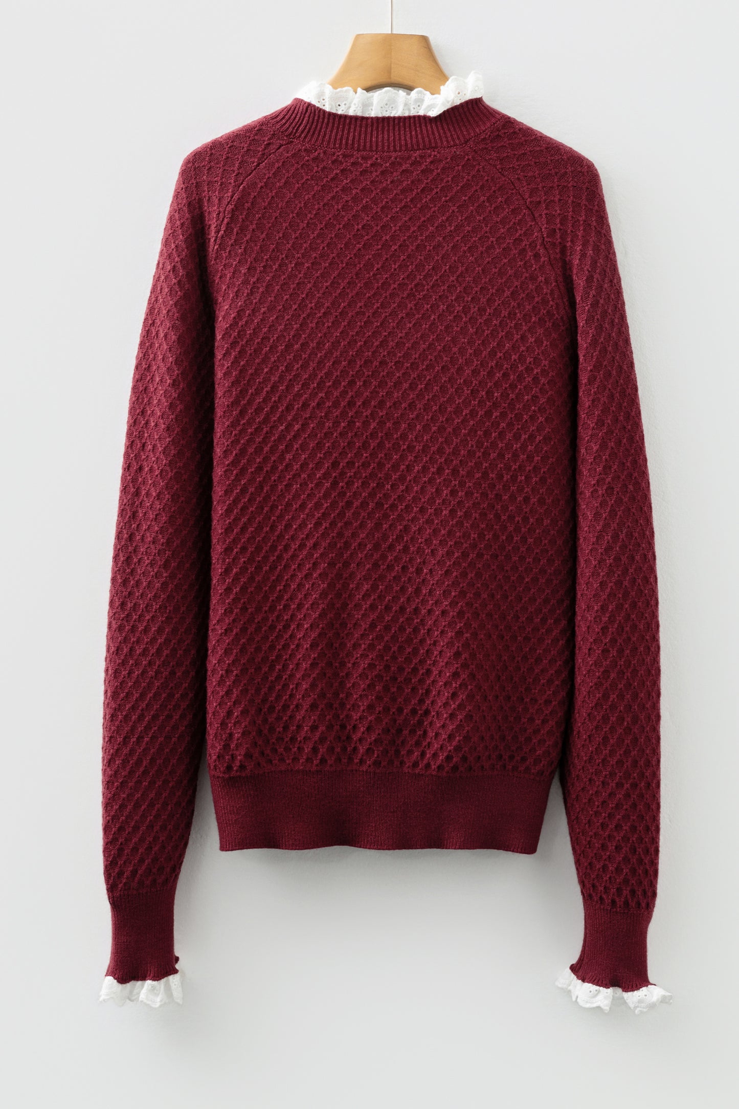 Burgundy Lace-Trim Raglan Sweater